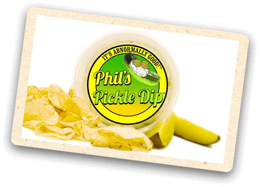 Phil's Pickle Dip container with chips and pickle spears