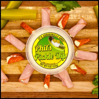 Phil's pickle dip with Ham Rollups